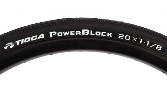 Cubierta BMX TIOGA PowerBlock 20'' secciones 1/8 a 1.40. El neumático TIOGA PowerBlock está diseñado para carreras de BMX de alto nivel en terrenos rápidos .