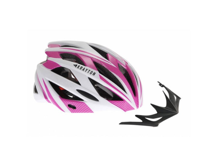 casco bici rosa y blanco