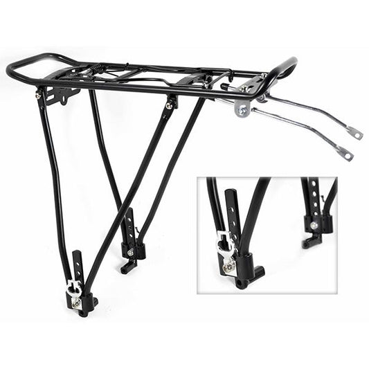 aluminio es ligero, lo que ayuda a mantener el peso total de la bicicleta bajo control.
Es muy resistente a la corrosión, lo que lo hace ideal para condiciones húmedas o de barro.
Compatibilidad con ruedas de 24"-29":
El portabultos debe ser ajustable a diferentes tamaños de rueda, lo que permite su uso tanto en bicicletas más pequeñas (como 24") como en bicicletas de rueda más grande (29").